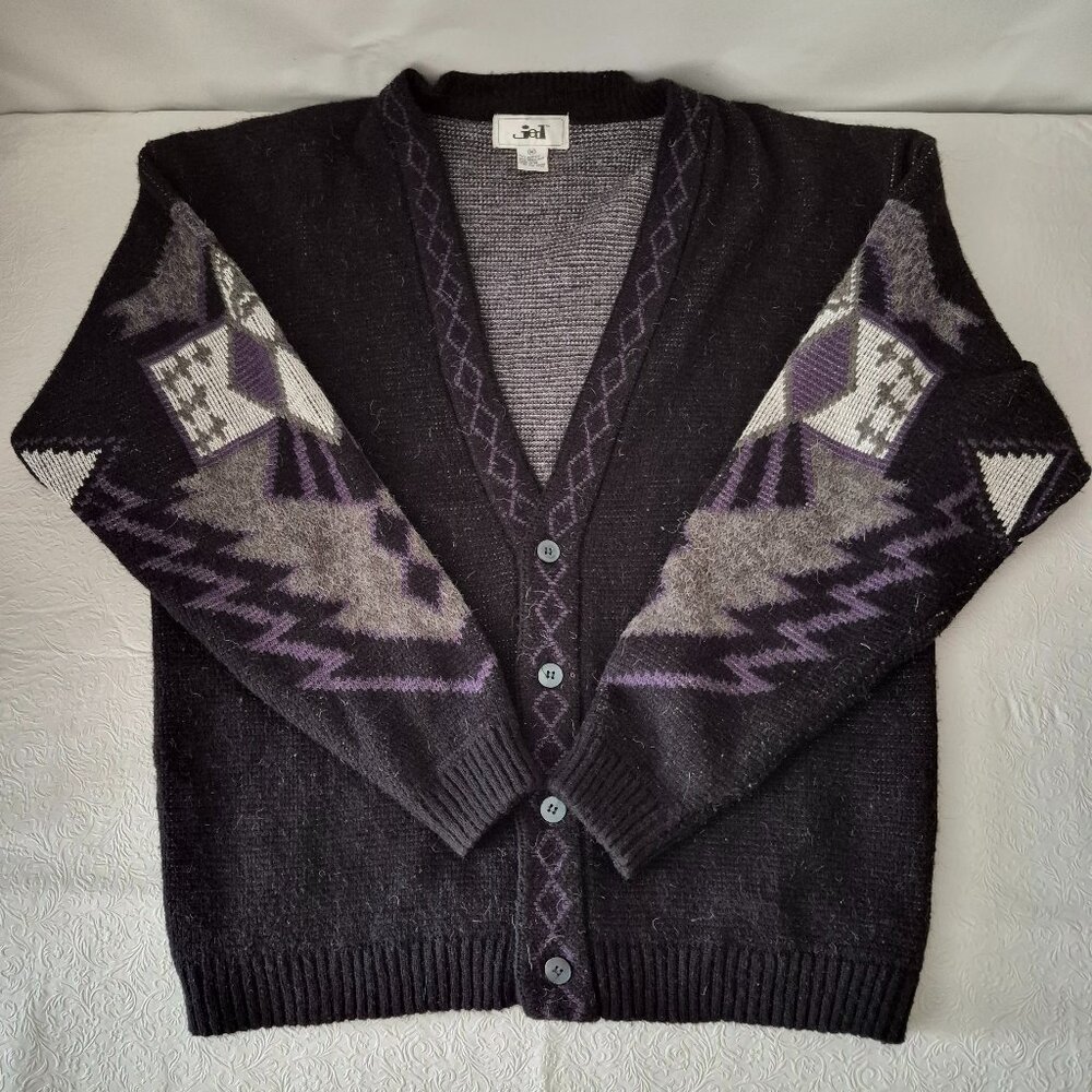 Vtg 90's Jed Mens M Abstract Long Sleeve Button Up Cardigan Sweater Black Purple